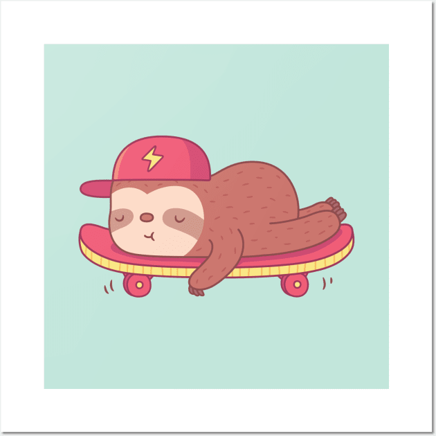 Cute Lazy Sloth Chillin On Skateboard Wall Art by rustydoodle